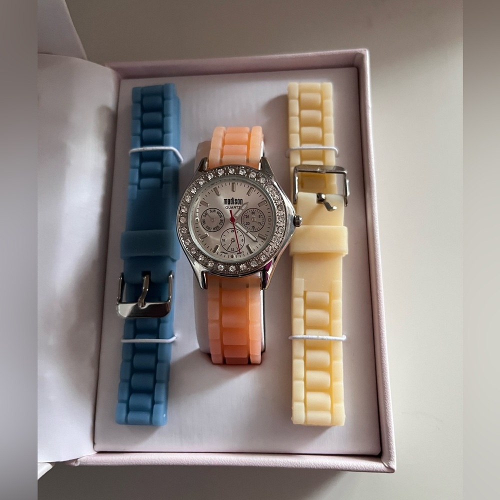Madison Silver Tone Watch with Interchageable Pink, Cream/Lemon, and Blue Straps
